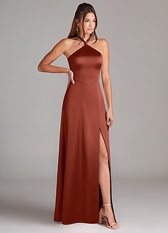 Azazie Elliana Robes de demoiselle d'honneur Robe Trapèze en Satin extensible Fente Latérale Terracotta image3