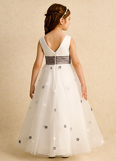 Azazie Cricket Flower Girl Dresses Ivory Taupe Ball-Gown Pleated Matte Satin Dress image2