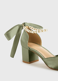 front Matching Color Matte Satin Pearl and Bow Pointed Toe Block Heels