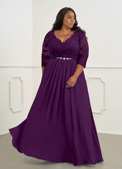 Azazie Hayek Kleider für die Brautmutter A-Linie V-Hals Spitze Chiffon Kleid Traube image9
