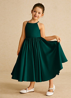 Azazie Sunray Flower Girl Dresses Pine A-Line Spaghetti Strap Matte Satin Dress image3