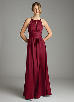 Azazie Bonnie Bridesmaid Dresses Burgundy A-Line Pleated Stretch Satin Dress image3