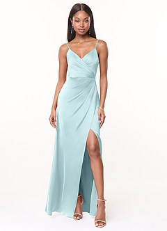 Azazie Maci Brautjungfernkleider A-Linie V-Hals Gefaltet Stretch-Satin Kleid Wolke Blau image1