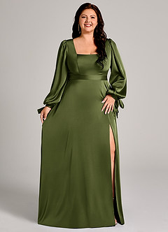 Azazie Leonia Bridesmaid Dresses Olive A-Line Long Sleeve Stretch Satin Dress image4