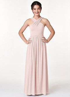 Azazie Jiya Junior Blushing Pink A-Line Pleated Mesh Dress image4