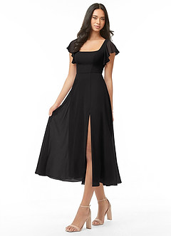 Azazie Jaya Vestidos de damas de honor Vestido de Negro de Gasa de Corte Sirena con Plisado image3