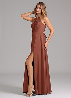 Azazie Evalleen Bridesmaid Dresses Auburn A-Line Pleated Stretch Satin Dress image4