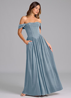 Azazie Hattie Robes de demoiselle d'honneur Robe Trapèze en velours Rayé Bleu Poussiéreux image3