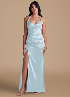 Azazie Emeria Bridesmaid Dresses Sky Blue Sheath Side Slit Metallic Satin Dress image5