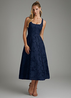 Azazie Isabella Bridesmaid Dresses Dark Navy A-Line Corset Floral Burnout Dress image5