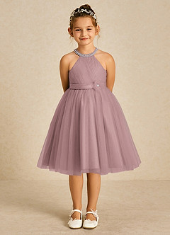 Azazie Honey Flower Girl Dresses Dusty Rose A-Line Beaded Matte Satin Dress image1