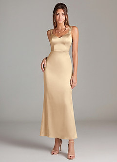 Azazie Denice 신부 들러리 드레스 쉬스 주름진 스트레치 새틴 발목 길이 드레스 image3