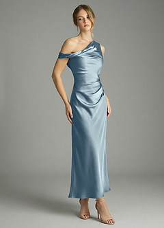 Azazie Emerson Bridesmaid Dresses Dusty Blue Mermaid Off the Shoulder Stretch Satin Dress image3