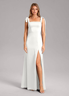 Azazie Frostine Vestidos de damas de honor Vestido de Blanco de Satén Elástico de Corte en A con Lazo image5