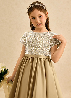Azazie Cashew Blumenmädchenkleider Ballkleid mit ärmel Matte Satin Kleid Gold image6