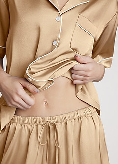 front Satin Contrast Piping Pajama Set