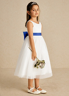 Azazie Kavi Flower Girl Dresses Ivory Royal Blue A-Line Bow Matte Satin Dress image4