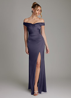 Azazie Teyana Bridesmaid Dresses Stormy Sheath Off the Shoulder Stretch Satin Dress image1