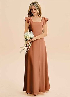 Azazie Bondi Junior Copper A-Line Side Slit Stretch Satin Dress image5