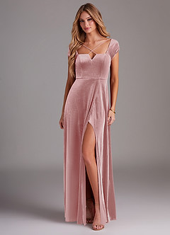 Azazie Gabi Vente Finale Robe Trapèze en velours Fente Latérale Rose Poussiéreuse image1