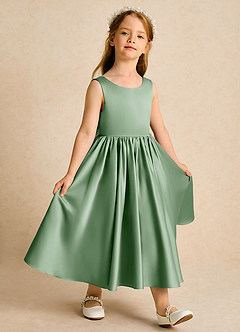 Azazie Doodlebug Flower Girl Dresses Matcha A-Line Bow Matte Satin Dress image2