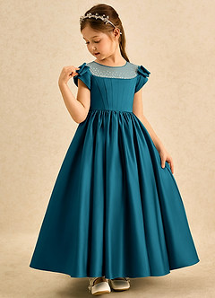Azazie Toffee Abiti da Ragazza di Fiori Abito Stile Principessa in Raso Opaco Fiocco Blu Inchiostro image4