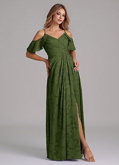 Azazie Dakota 신부 들러리 드레스 A라인 오프 더 숄더 플로럴 번아웃 바닥 길이 드레스 image5