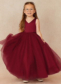 Azazie Marybell Abiti da Ragazza di Fiori Abito A-Line in Tulle Fiocco Borgogna image1