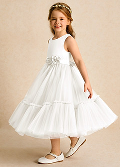 Azazie Miracle Robe Demoiselle D'honneur Fillette Robe Trapèze en Mat Satiné Arc Ivoire image3