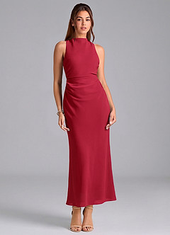 Azazie Evadne Bridesmaid Dresses Scarlet Sheath Pleated Chiffon Dress image3
