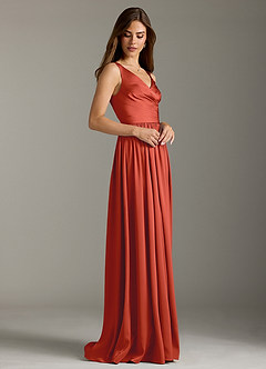 Azazie Keyla Bridesmaid Dresses Rust A-Line Pleated Stretch Satin Dress image5