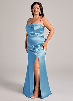 Azazie Saige Bridesmaid Dresses Steel Blue Sheath Off the Shoulder Metallic Satin Convertible Dress image13