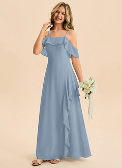 Azazie Junia Junior Robe Trapèze en Mousseline de soie Épaule décolletée Bleu Poussiéreux image4
