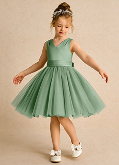 Azazie Tadpole Flower Girl Dresses Matcha A-Line Pleated Matte Satin Dress image1
