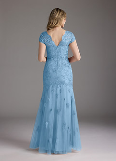 Azazie Marbella vestidos de madre de la novia Vestido de Azul Acero de Encaje de Corte Sirena con Reina Ana Lentejuelas image5