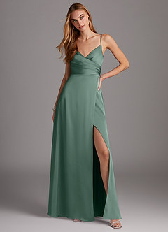 Azazie Calissa Robes de demoiselle d'honneur Robe Trapèze en Satin extensible Col V plissé Eucalyptus image3
