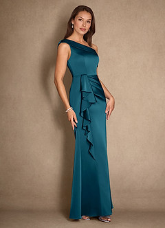 Azazie Hamptons Vestidos para mãe da noiva Vestir Tinta Azul de Cetim elástico de Linha A com Plissado image3