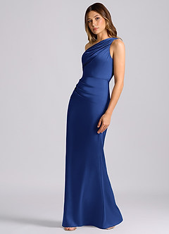 Azazie Akilah Bridesmaid Dresses Royal Blue Mermaid One Shoulder Stretch Satin Dress image5