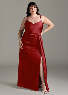 Azazie Brielle Robes de demoiselle d'honneur Robe Trapèze en Satin extensible Bretelles spaghetti Grenade image6
