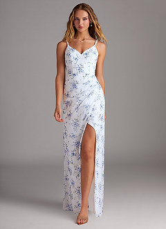 Azazie Leo Bridesmaid Dresses Blue Cottage Floral Mermaid V-Neck Pleated Chiffon Dress image1