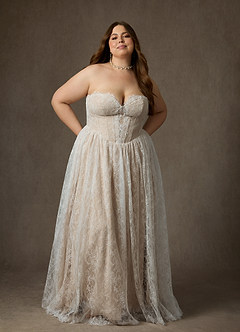 Azazie Lorena Wedding Dresses Diamond White Champagne A-Line Strapless Lace Dress image11