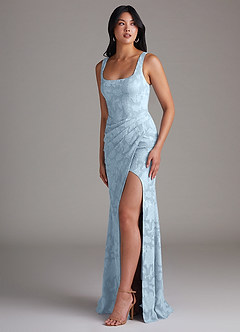 Azazie Mero Bridesmaid Dresses Sky Blue Sheath Pleated Floral Burnout Dress image2