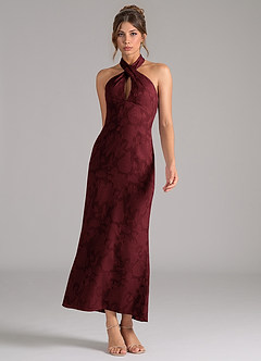 Azazie Marlissa Bridesmaid Dresses Cabernet Sheath Pleated Floral Burnout Dress image3