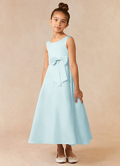 Azazie Lindy Flower Girl Dresses Sea Glass A-Line Pleated Matte Satin Dress image3