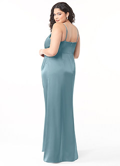 Azazie Maci Bridesmaid Dresses Moody Blue A-Line V-Neck Pleated Stretch Satin Dress image8