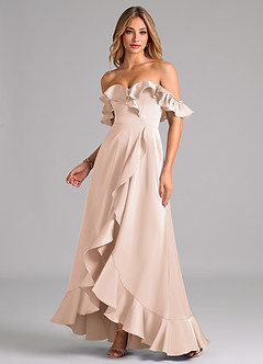 Azazie Lyra Bridesmaid Dresses Blushing Pink A-Line Off the Shoulder Stretch Satin Convertible Dress image1