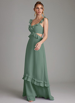 Azazie Malaya Vestidos de damas de honor Vestido de Eucalipto de Gasa de Corte en A con Corsé image6