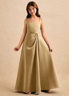 Azazie Emiko Girls Formal Blumenmädchenkleider A-Linie Plissee Matte Satin Kleid Gold image4