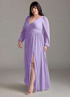 Azazie Norah Bridesmaid Dresses Lilac A-Line V-Neck Long Sleeve Chiffon Dress image11
