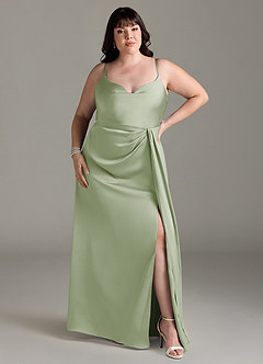 Azazie Brielle Robes de demoiselle d'honneur Robe Trapèze en Satin extensible Bretelles spaghetti Vert Sauge image6
